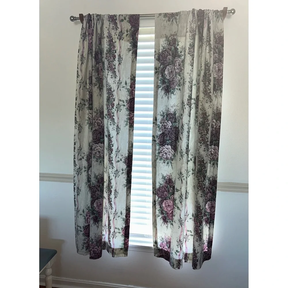 JCPenney Floral Pole Pocket Draperies Purple Rose Lined Curtains Set of 2 Panels